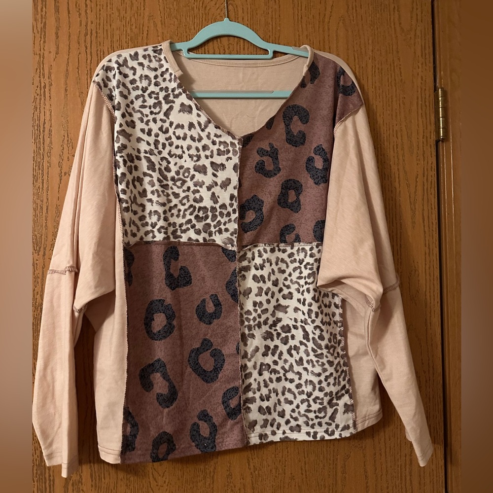 Irsutey Women Fashion V Neck Long Sleeve Tunic Pullover Leopard Print- XL